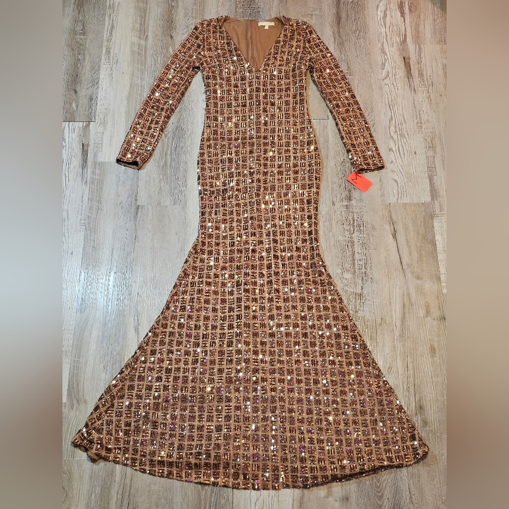 Bronze Sequins Long Sleeve Dress